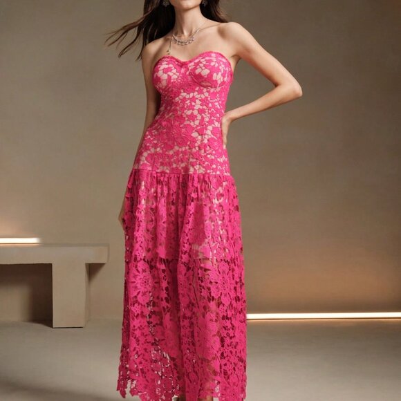 Hot Pink Elegant Women's Delicate Embroidered Lace Trim Bandeau Dress - Picture 1 of 7
